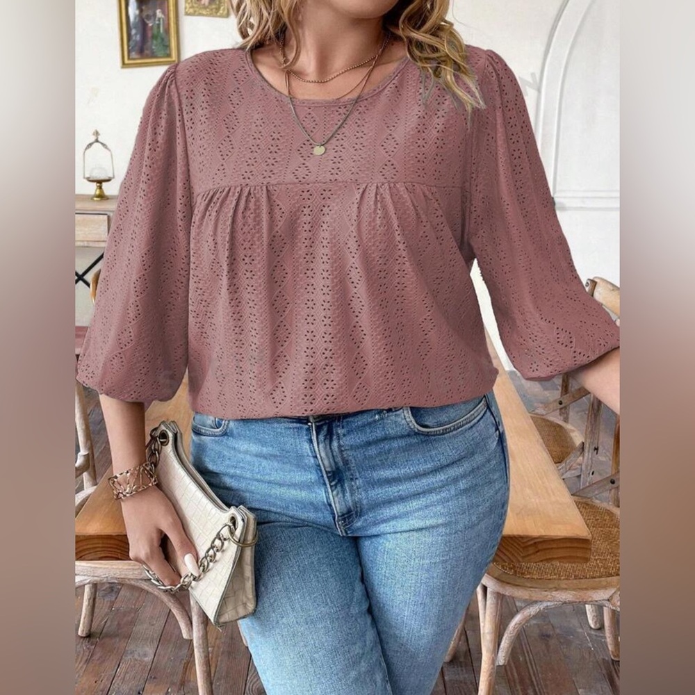 SHEIN LUNE Plus Eyelet Embroidery Lantern Sleeve size 14 dusty pink worn once
